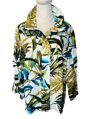 Chico’s Linen Tropical Palm Print Jacket Coastal Resort Cruise Size 12/14